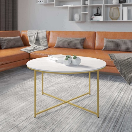 Flash Furniture Hampstead Collection Coffee Table - Modern White Marble Finish Accent Table with Crisscross Brushed Gold Frame NAN-JH-1787CT-MRBL-GG